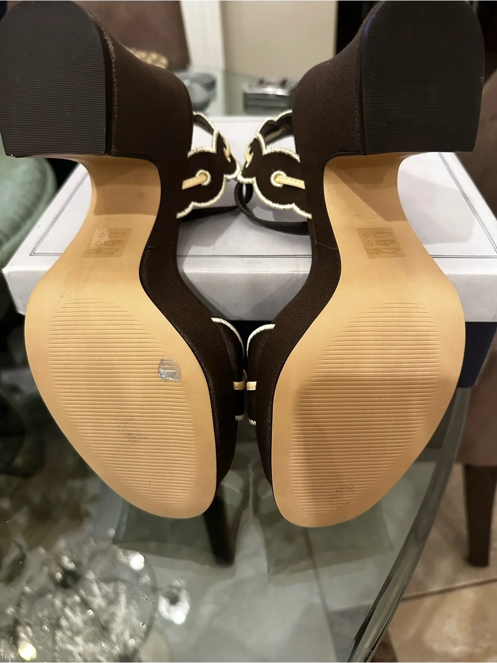 New in Box! Maeve Platform Block Heel Sandals in Dark Brown with Cream Trim 40